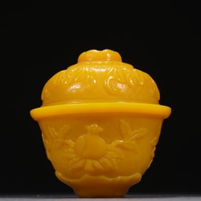 Glassware Carved Peach and Buddha Hand Fruit & Pomegranate Pattern Lid Bowl