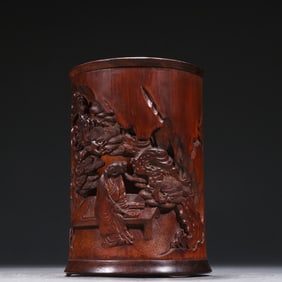 Bamboo Carved Pine Tree and Character Pattern Brush Pot