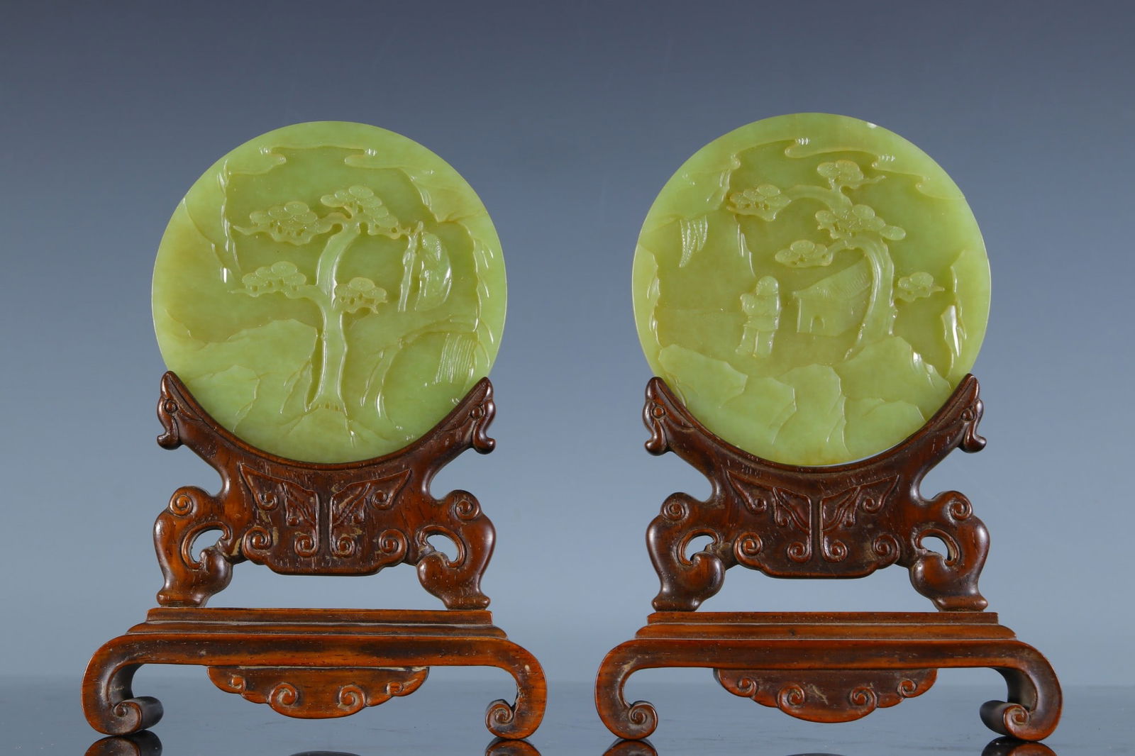 Pair of Jade Carved Pine Tree and Character Pattern Table Plaque