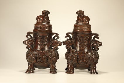Pair of Agarwood Carved Beast Shape Incense Burner