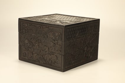 Red Sandalwood Carved Flower and Landscape Pattern Lid Box