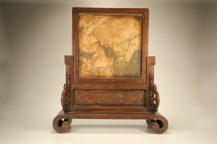 Huanghuali Wood Inlaid Marble Carved Dragon Pattern Table Plaque