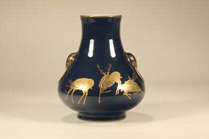 Bright Blue Glazed Gold Drawing Deer Pattern Porcelain Vase