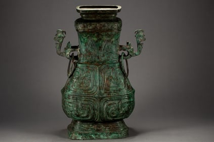 Chinese Bronze Carved Beast Face Pattern Double Ears Zun