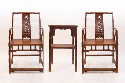 Group of Three Huanghuali Wood Carved Flower and Kirin Pattern Chair and Square Table