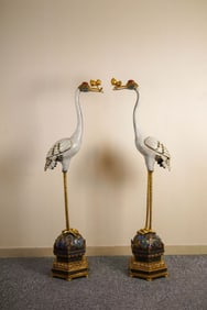 Pair of Bronze Cloisonne Carved Crane and Peach Shape Figure