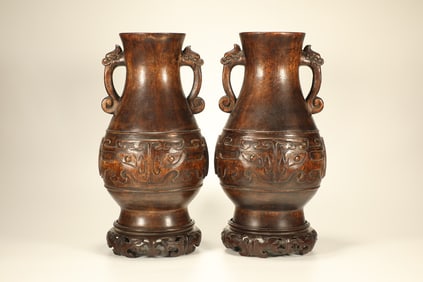 Pair of Agarwood Carved Beast Face Pattern Double Chi Dragon Ears Vase