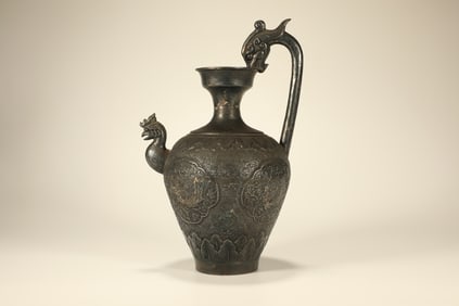 Silver Carved Flower and Flying Beauty Pattern Dragon Ear Vase