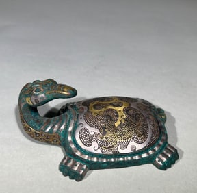 Bronze Gold and Silver Inlaid Carved Turtles Shape Ornament