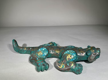Bronze Gold and Silver Inlaid Turquoise Carved Beast Shape Ornament
