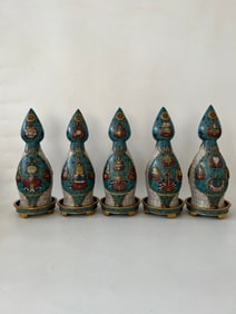 Group of Five Bronze Cloisonne Carved Flower and Eight Treasure Pattern Gourd  Shape Vase