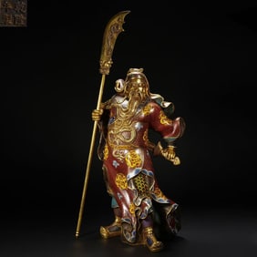 Bronze Cloisonne Carved Flower Pattern GuanYu Figure