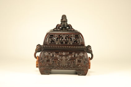 Red Sandalwood Carved Dragon Pattern Double Elephant Ears Incense Burner