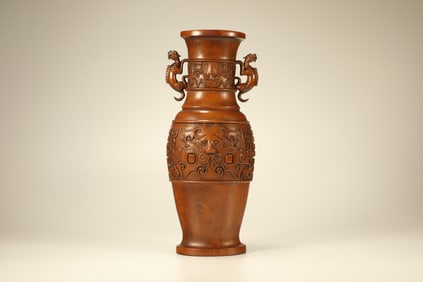 Boxwood Carved Beast Face Pattern Double Chi Dragon Ears Vase