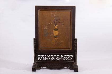 Red Sandalwood Carved Flower and Flower Pot Pattern Table Plaque