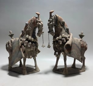 Pair of Pottery Carved Horse Figure