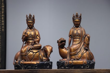 Pair of Gilt Wood Manjushri and Samantabhadra Figure