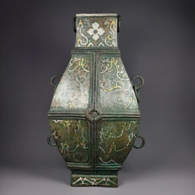 Bronze Gold and Silver Inlaid Carved Dragon and Phoenix Pattern Zun
