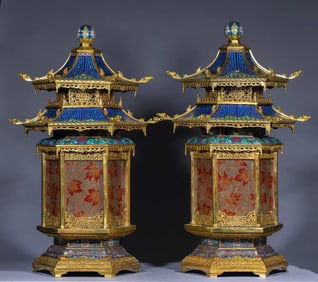 Pair of Bronze Cloisonne Carved Flower Pattern Incense Burner