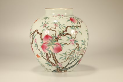 Famille Rose Peach and Flower & Bat Pattern Porcelain Pot