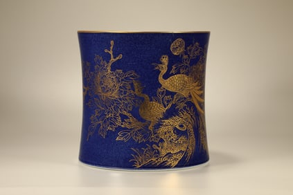 Bright Blue Glazed Gold Drawing Flower and Bird Pattern Porcelain Brush Pot