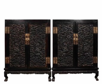 Pair of Red Sandalwood Carved Cloud and Dragon Pattern Cabinet
