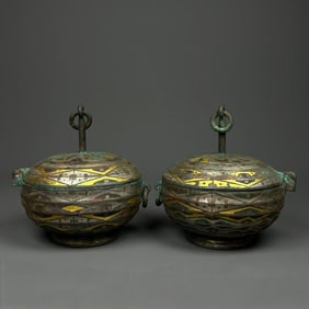 Pair of Bronze Gold and Silver Inlaid Carved Dragon Pattern Lid Box