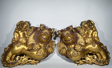 Pair of Gilt Bronze GuanYin and Beast Figure