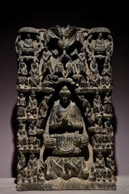 Grey Stone Carved Gandhara Pattern Buddha Plate