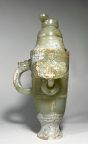 Jade Carved Cloud Pattern Double Dragon Ears Cup