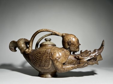 Jade Carved Character and Dragon Shape Pot