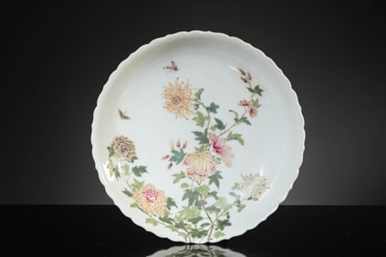 A Porcelain Famille-Rose Butterfly and Floral Theme Lobed Dish