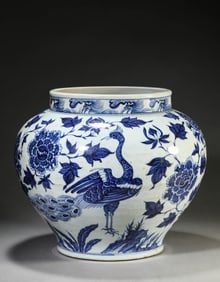 A Porcelain Blue and White Poeny and Peacock Jar