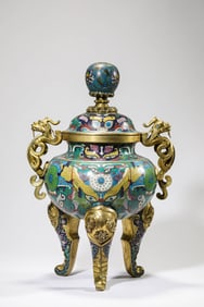 A Cloisonne Eanmel Taotie Mask Tripot Censer
