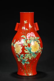 A Porcelain Coral-Ground Famille-Rose Poem Arrow Vase