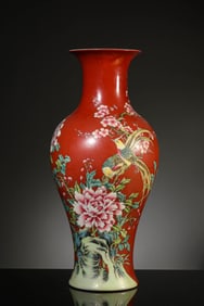 A Porcelain Coral-Ground Floral Olive-Shaped Vase