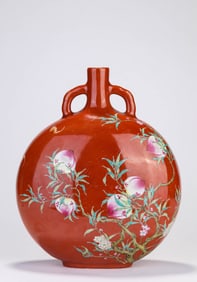 A Porcelain Coral-Ground Longevity Moonflask