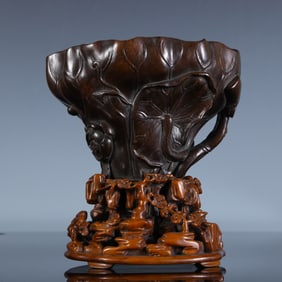 Red Sandalwood Carved Lotus Flower Shape Cup