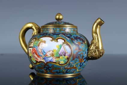 Bronze Cloisonne Carved Character Story Pattern Teapot