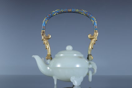 Jade Inlaid Bronze Cloisonne Carved Flower and Dragon Pattern Handle Pot