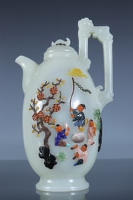 Jade Multi GemStone Inlaid Carved Playing Children Pattern Vase