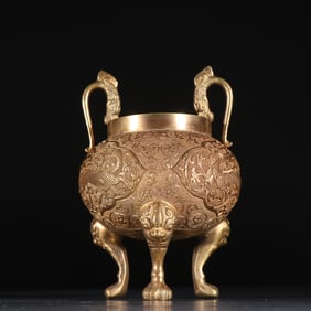 Gilt Bronze Carved Dragon and Flower Pattern Double Dragon Ears Incense Burner