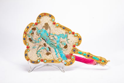 Gilt Bronze Inlaid Gem Stone and Blue Enameled Carved Bird Pattern Fan