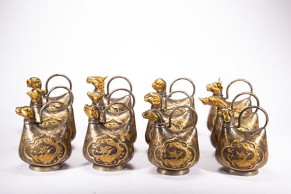 Group of Twelve Gilt Silver Carved Dragon Pattern Chinese Zodiac Shape Pot