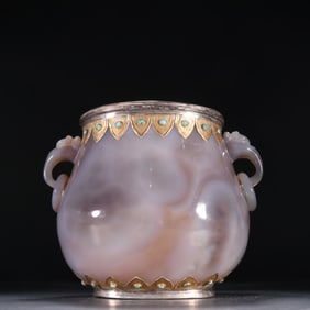Agate Inlaid Gilt Bronze Double Elephant Ears Pot