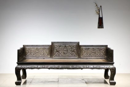 Huanghuali Wood Carved Flower and Dragon Pattern Arhat Bed