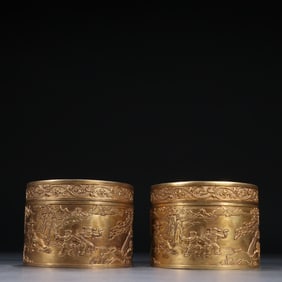 Pair of Gilt Bronze Carved Landscape and Playing Children Pattern Lid Box