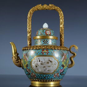 Bronze Cloisonne Inlaid Jade Carved Flower and Dragon Pattern Handle Pot