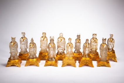 Group of Twelve White Crystal Inlaid Gilt Bronze Carved Chinese Zodiac Shape Ornament