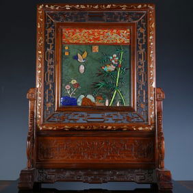 Huanghuali Wood Inlaid Jasper Jade and Multi GemStone Carved  Flower and Bird Pattern Table Plaque